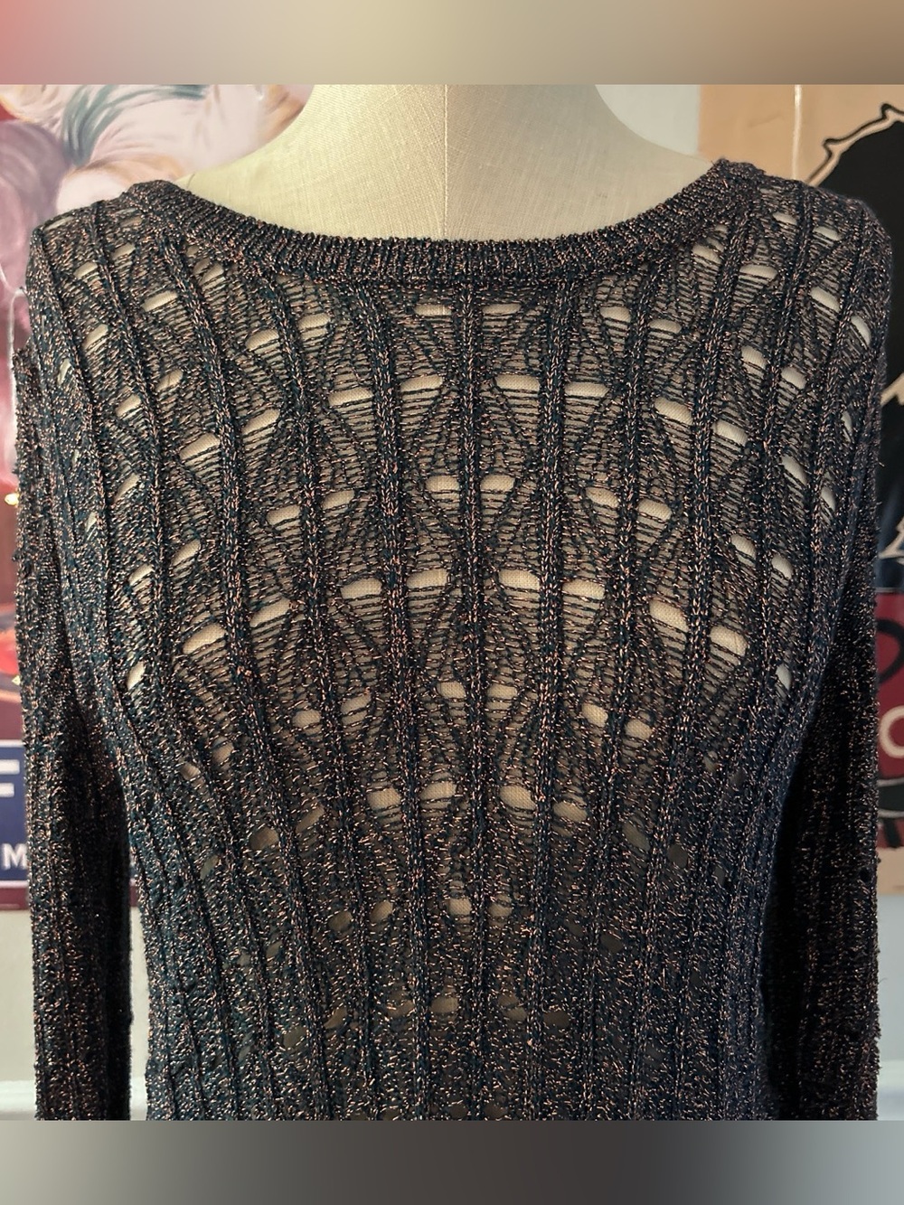 Anthropologie Pilcro Open-Knit Green and Metallic Gold Women's Sweater